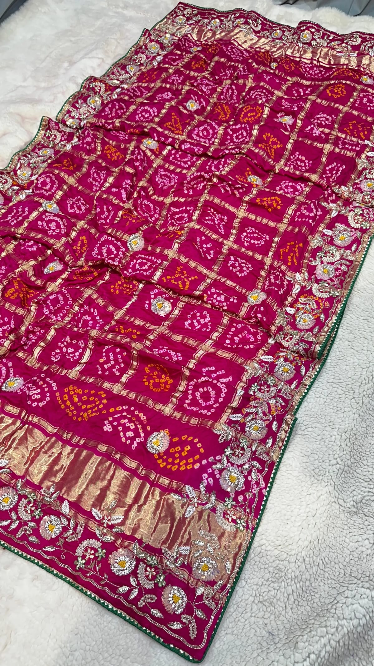 Gaji Silk Hand Bandhej Dupatta with Lakdi Patta Zardozi Kundan Moti Patti Work