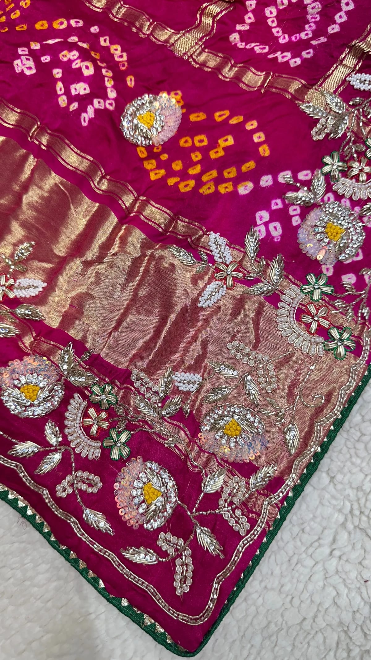 Gaji Silk Hand Bandhej Dupatta with Lakdi Patta Zardozi Kundan Moti Patti Work