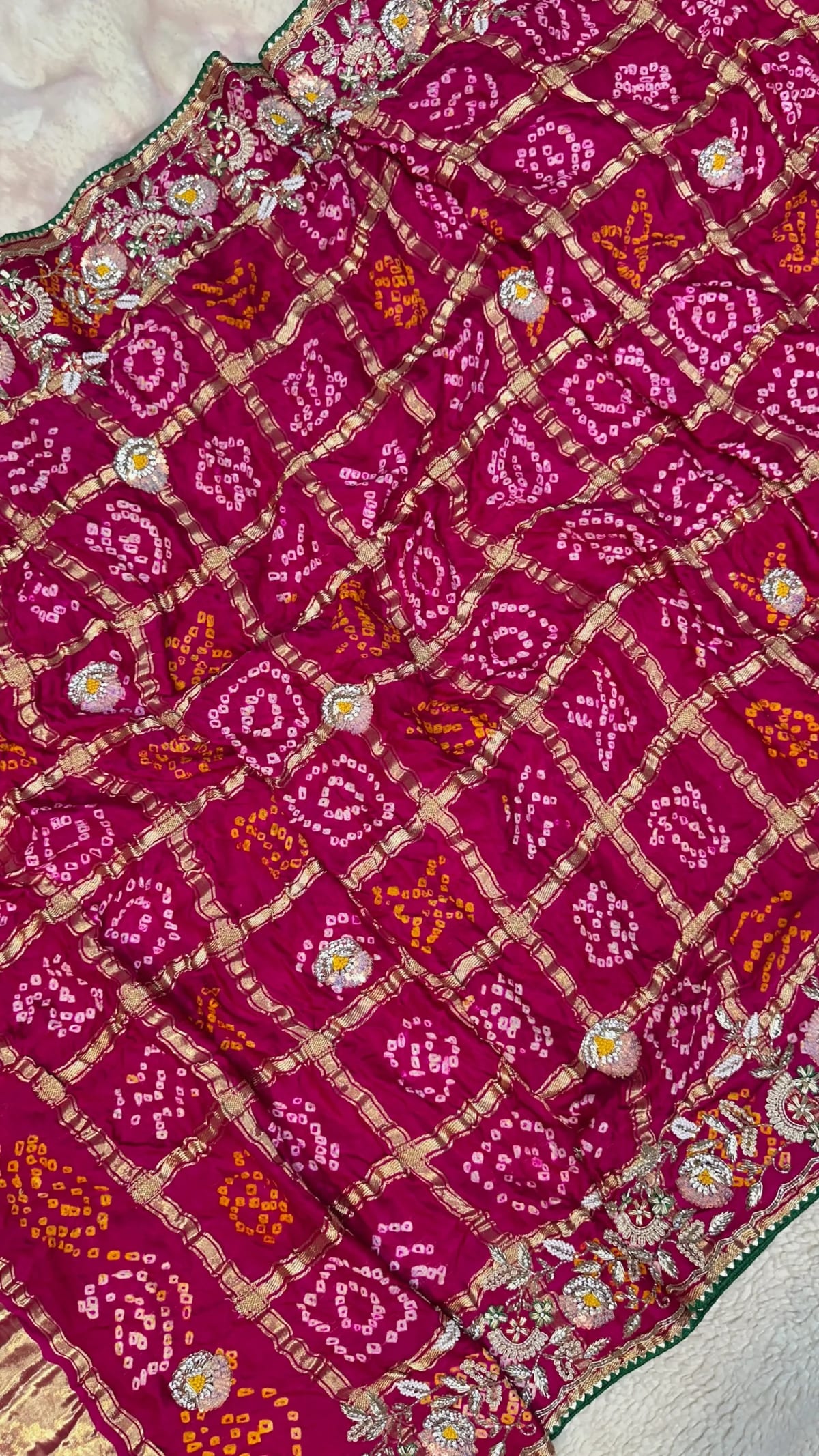 Gaji Silk Hand Bandhej Dupatta with Lakdi Patta Zardozi Kundan Moti Patti Work
