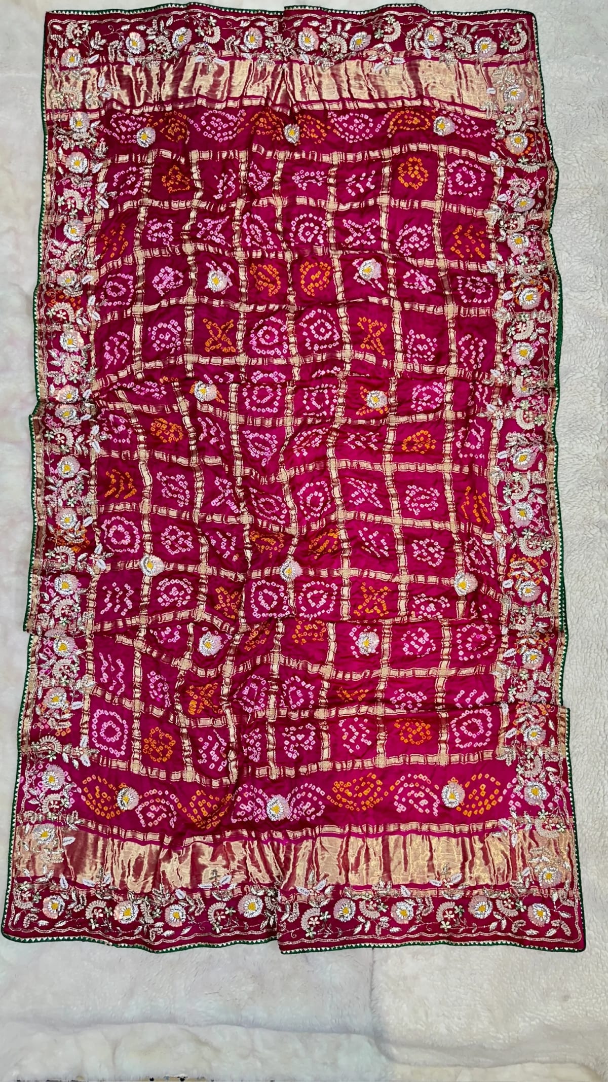Gaji Silk Hand Bandhej Dupatta with Lakdi Patta Zardozi Kundan Moti Patti Work