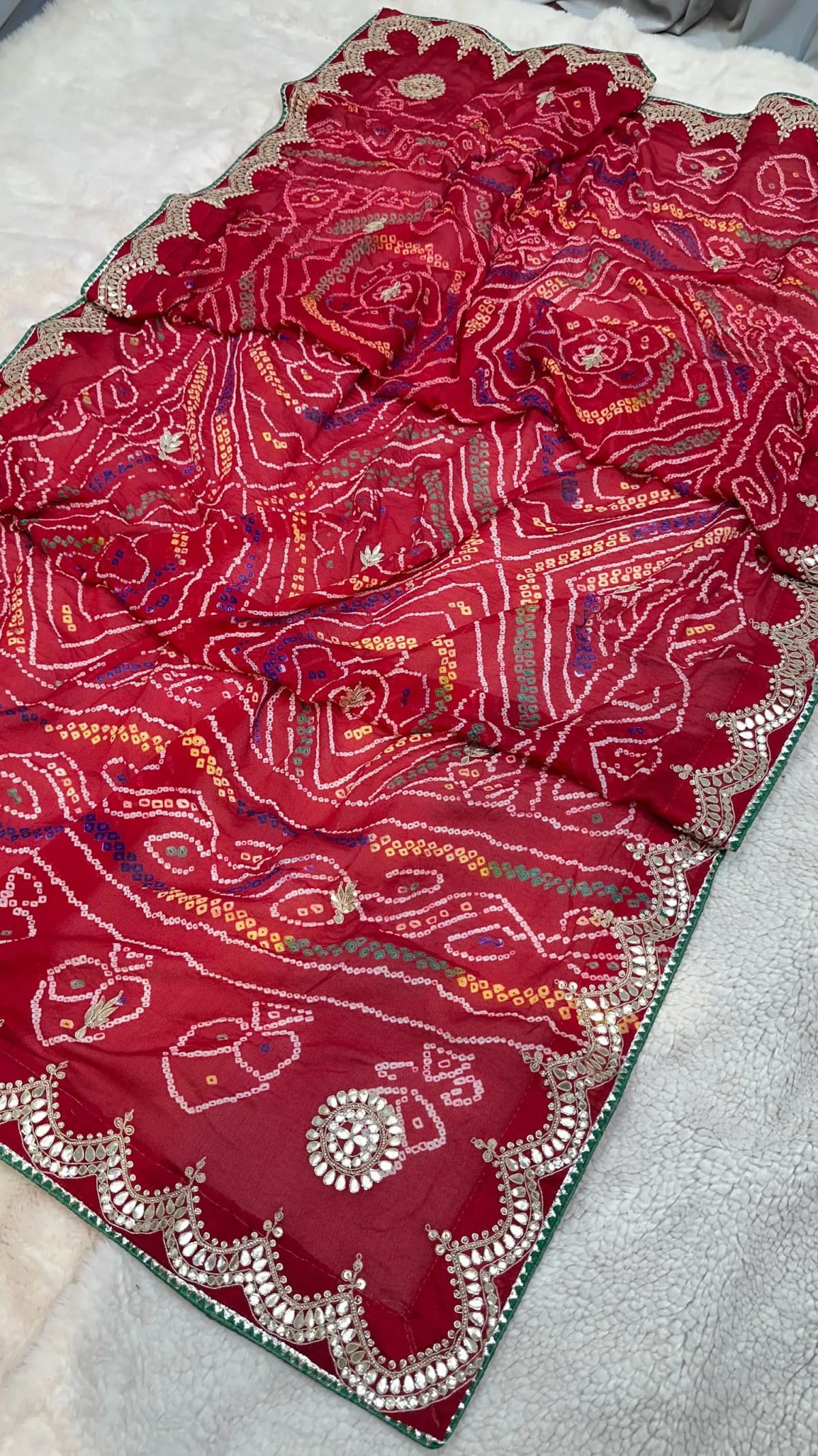 Hand Bandhej Chundri Dupatta with Zardozi Kundan Patti Work in Ojariya Crepe Fabric
