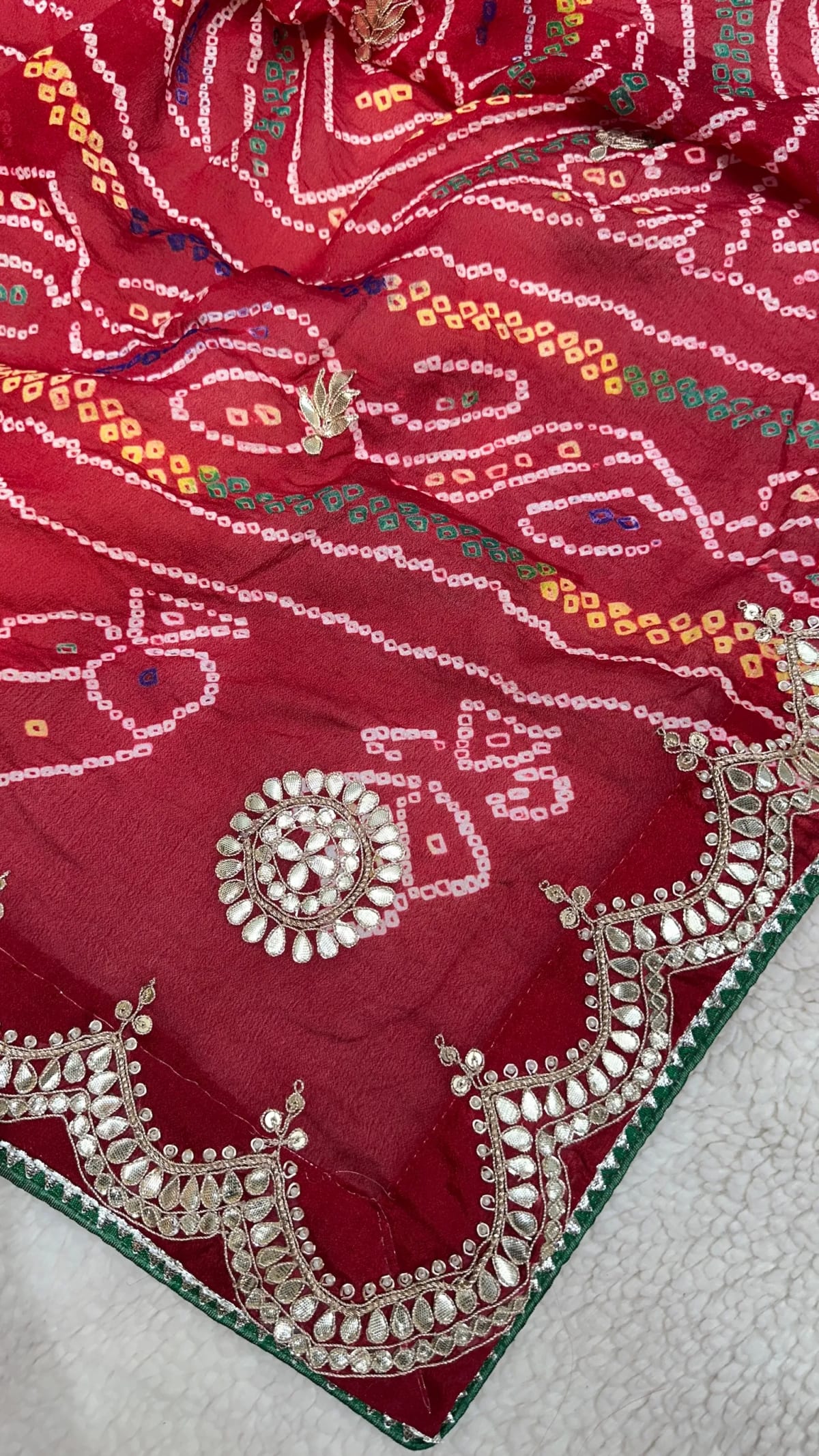 Hand Bandhej Chundri Dupatta with Zardozi Kundan Patti Work in Ojariya Crepe Fabric