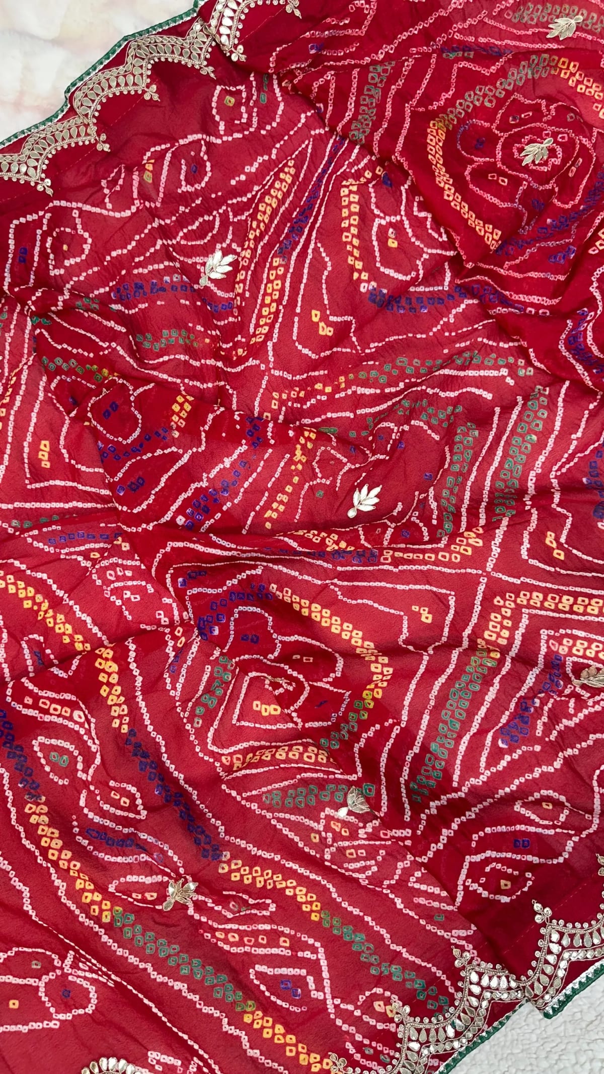 Hand Bandhej Chundri Dupatta with Zardozi Kundan Patti Work in Ojariya Crepe Fabric