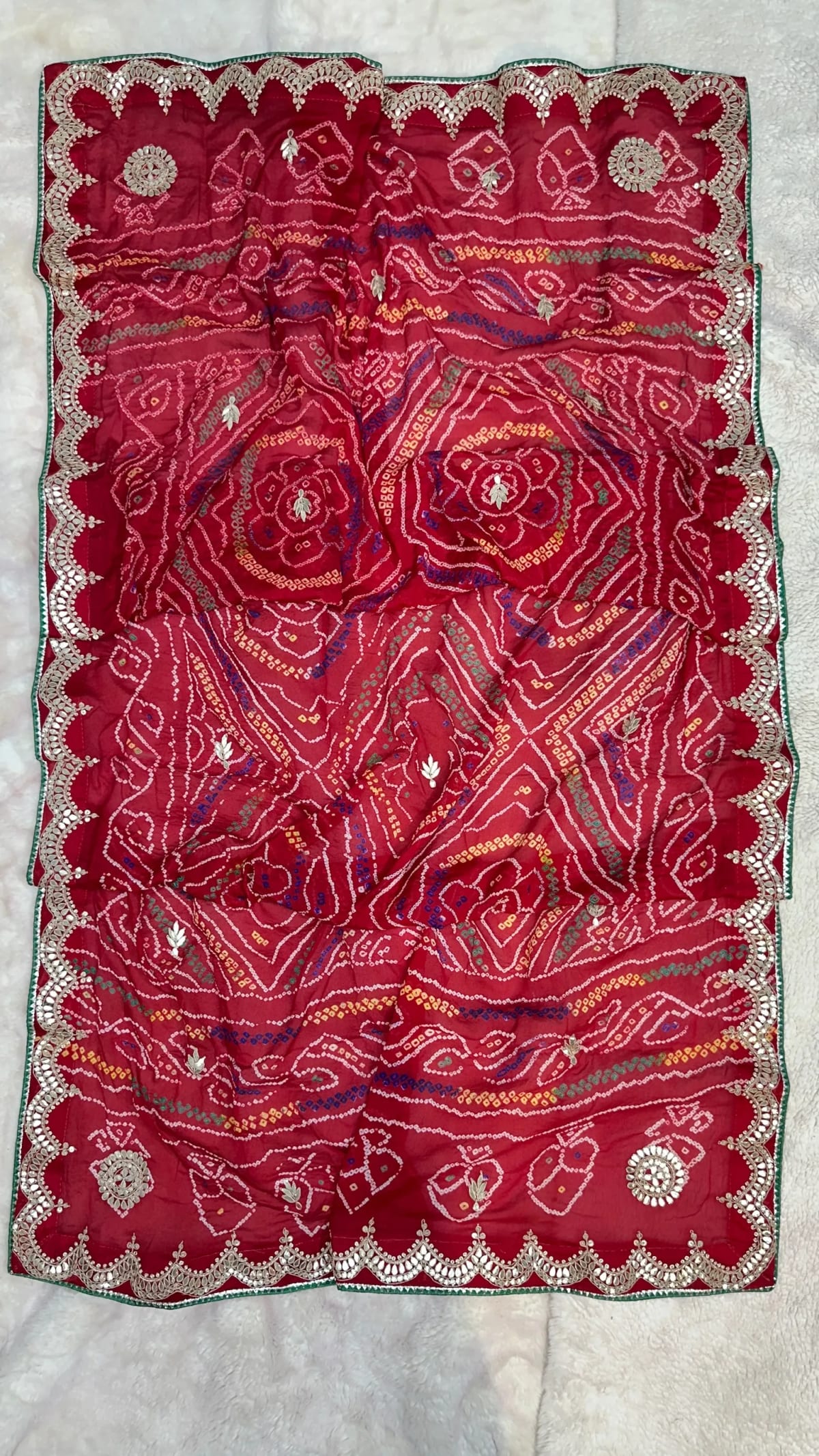 Hand Bandhej Chundri Dupatta with Zardozi Kundan Patti Work in Ojariya Crepe Fabric