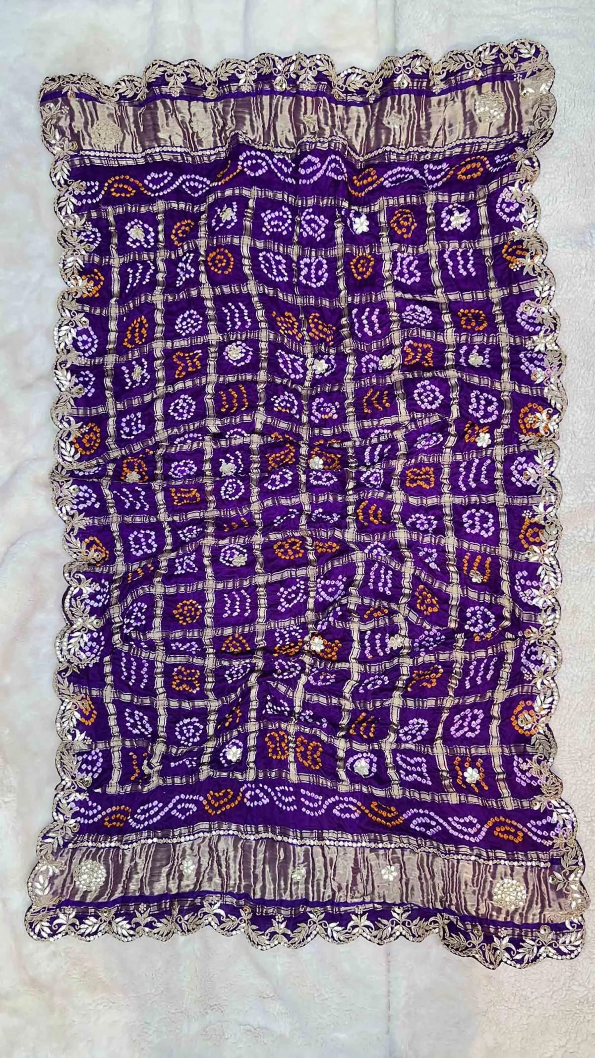 Pure Gaji Silk Hand Bandhej Dupatta with Lakdi Patta, Zardozi, Moti & Zero Gotta Patti Work