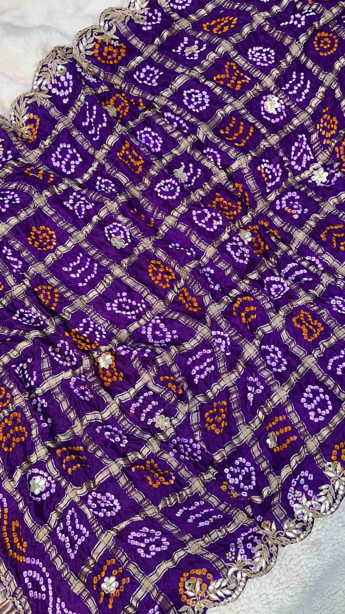 Pure Gaji Silk Hand Bandhej Dupatta with Lakdi Patta, Zardozi, Moti & Zero Gotta Patti Work
