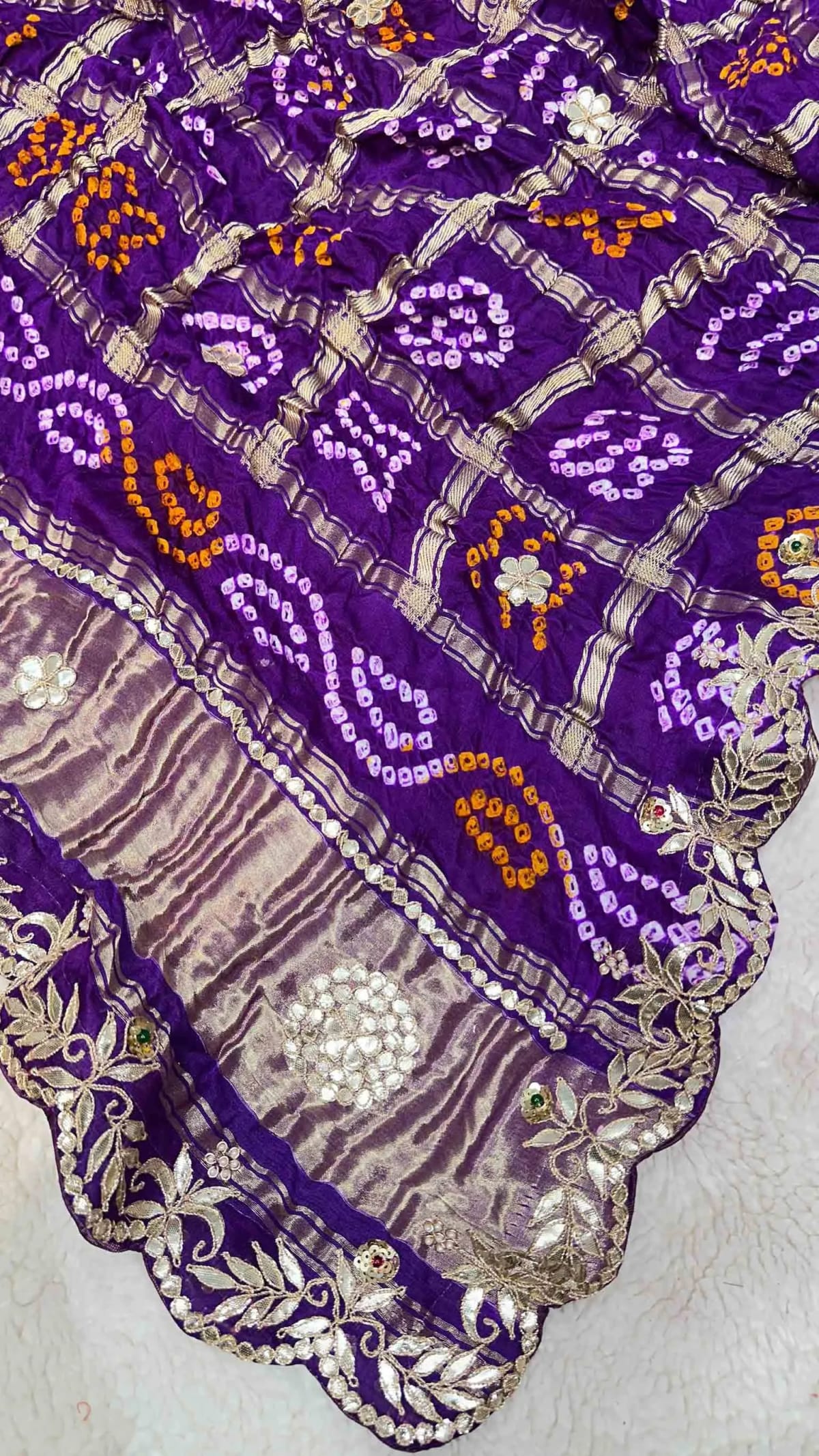Pure Gaji Silk Hand Bandhej Dupatta with Lakdi Patta, Zardozi, Moti & Zero Gotta Patti Work