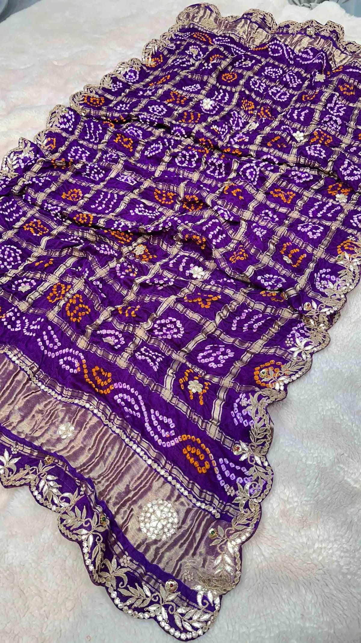 Pure Gaji Silk Hand Bandhej Dupatta with Lakdi Patta, Zardozi, Moti & Zero Gotta Patti Work