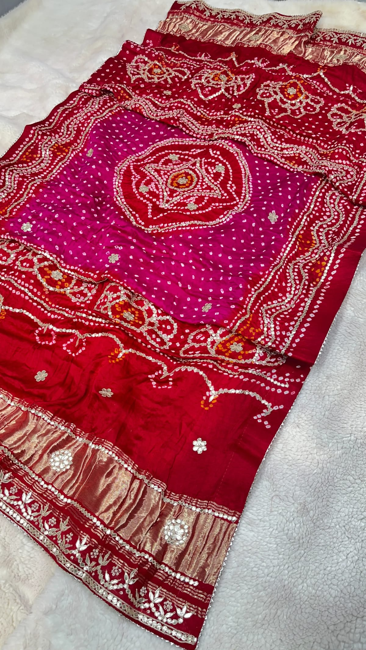 Pure Gaji Silk Hand Bandhej Dupatta with Two Shade Colour and Zero Gotta Patti Moti Work