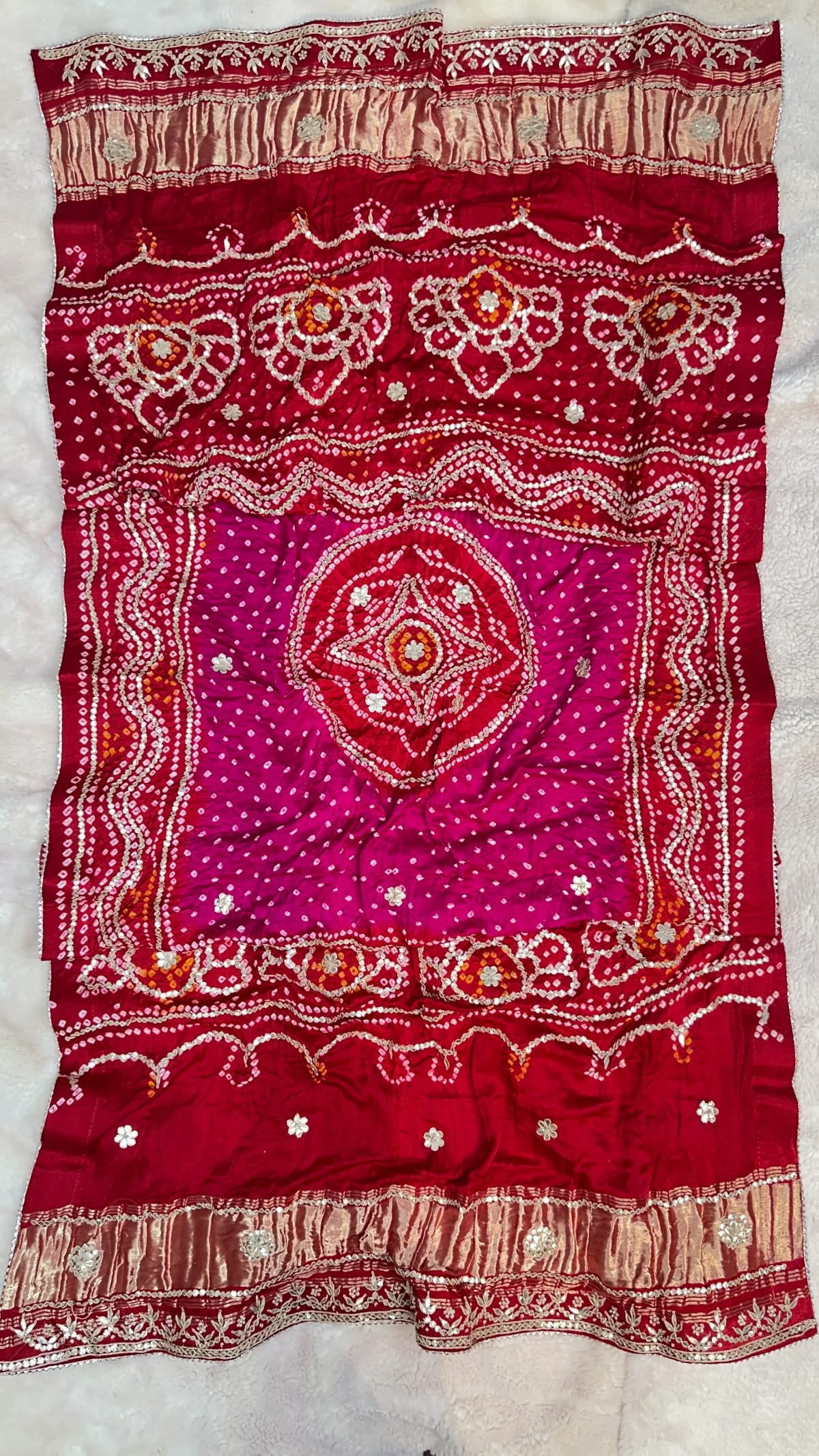 Pure Gaji Silk Hand Bandhej Dupatta with Two Shade Colour and Zero Gotta Patti Moti Work