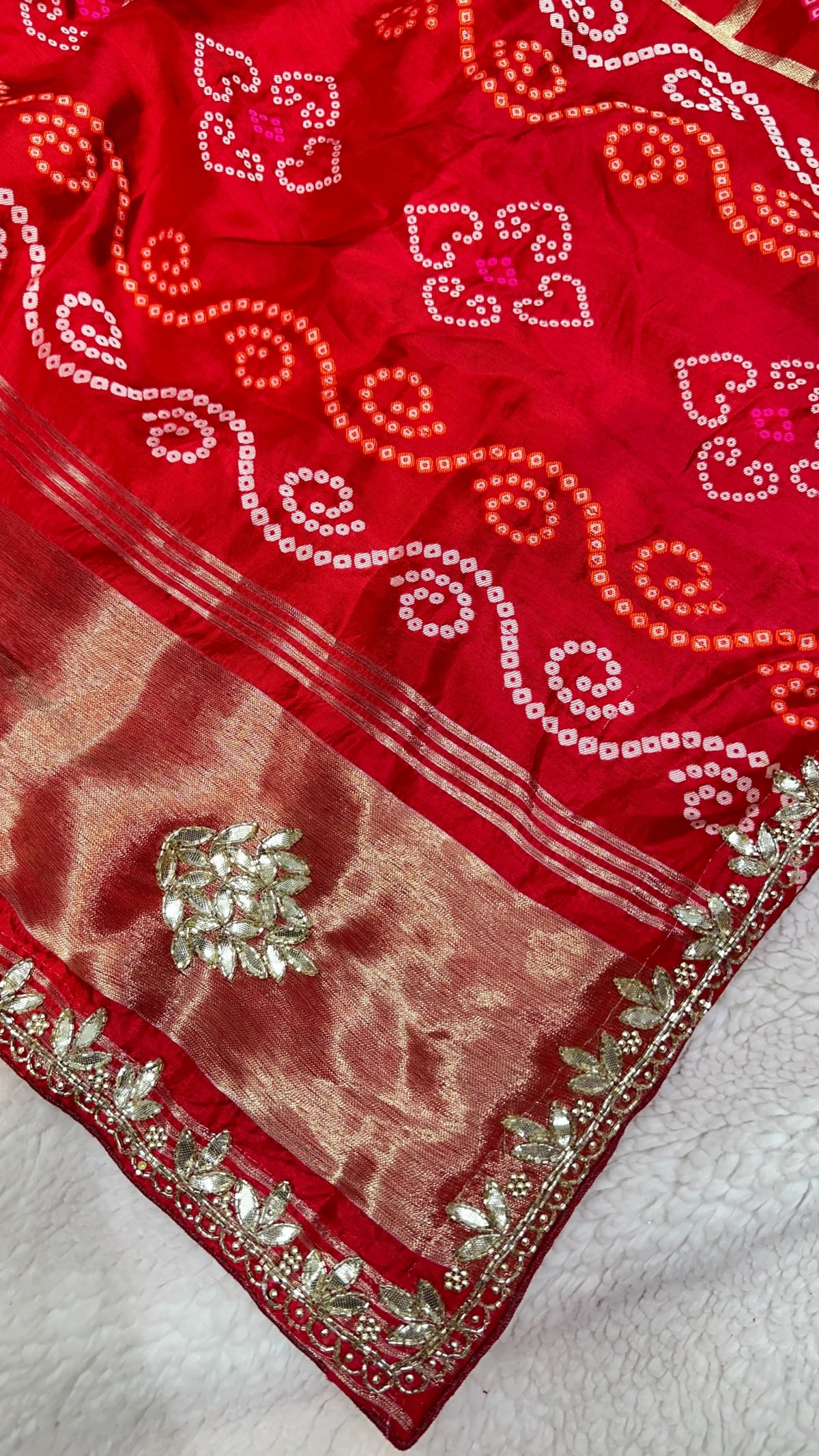 Gaji Bandhej Saree in Pure Dola Silk with Weaving Zari, Handmade Kundan Patti & Moti Work