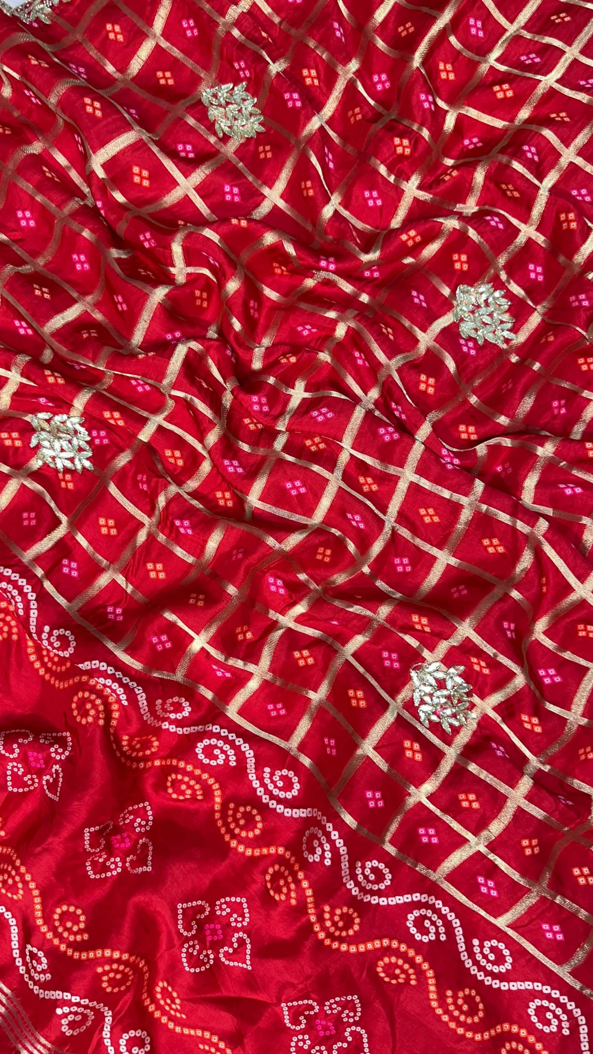 Gaji Bandhej Saree in Pure Dola Silk with Weaving Zari, Handmade Kundan Patti & Moti Work