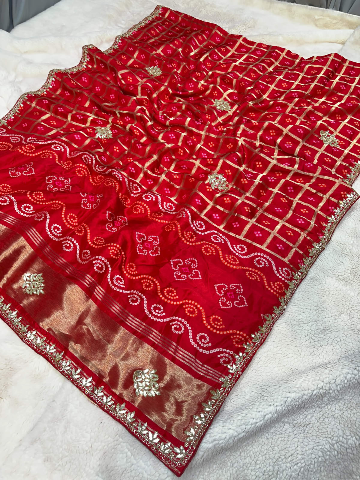 Gaji Bandhej Saree in Pure Dola Silk with Weaving Zari, Handmade Kundan Patti & Moti Work