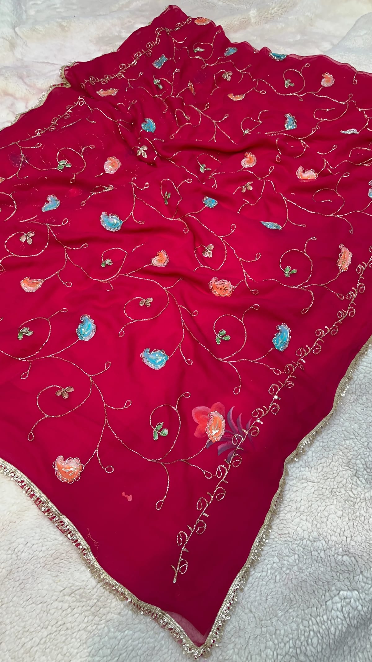 Georgette Digital Print Saree with Pitton Zari Work and Fancy Lace Border