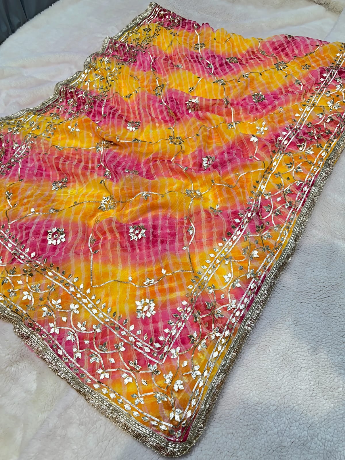 Lehariya Saree with Kachha Gotta Patti Jal Work All Over Saree for Women