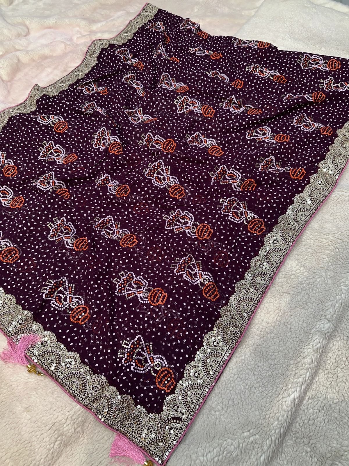 Bandhej Saree in Georgette Fabric with Pitton Zari Embroidery and Sequence Border Work