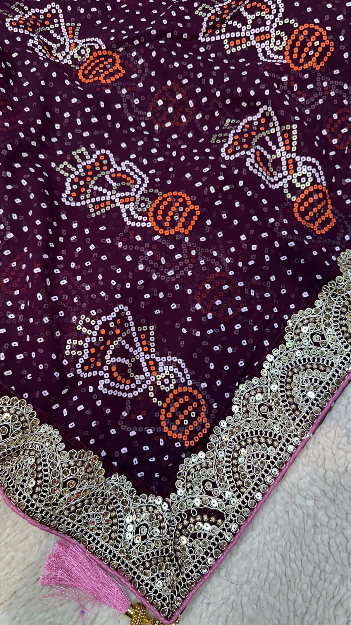 Bandhej Saree in Georgette Fabric with Pitton Zari Embroidery and Sequence Border Work
