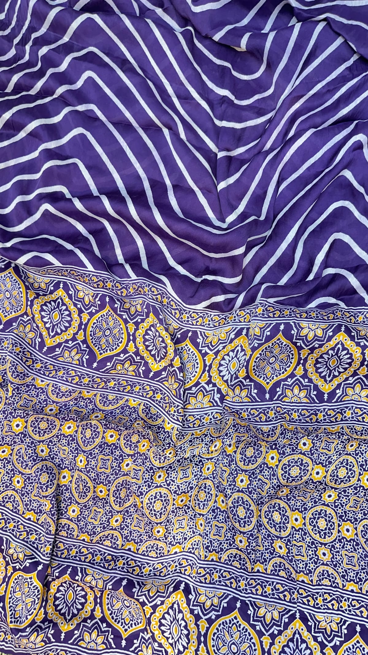 Lehariya Modal Silk Saree with Gaji Patta Border and Ajrak Print for Women