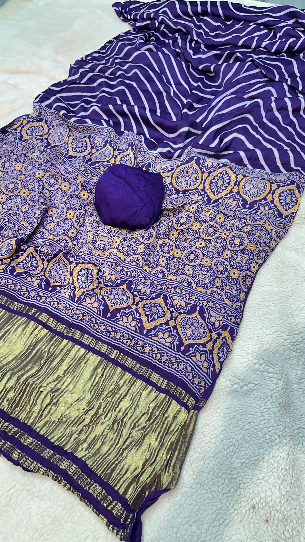 Lehariya Modal Silk Saree with Gaji Patta Border and Ajrak Print for Women