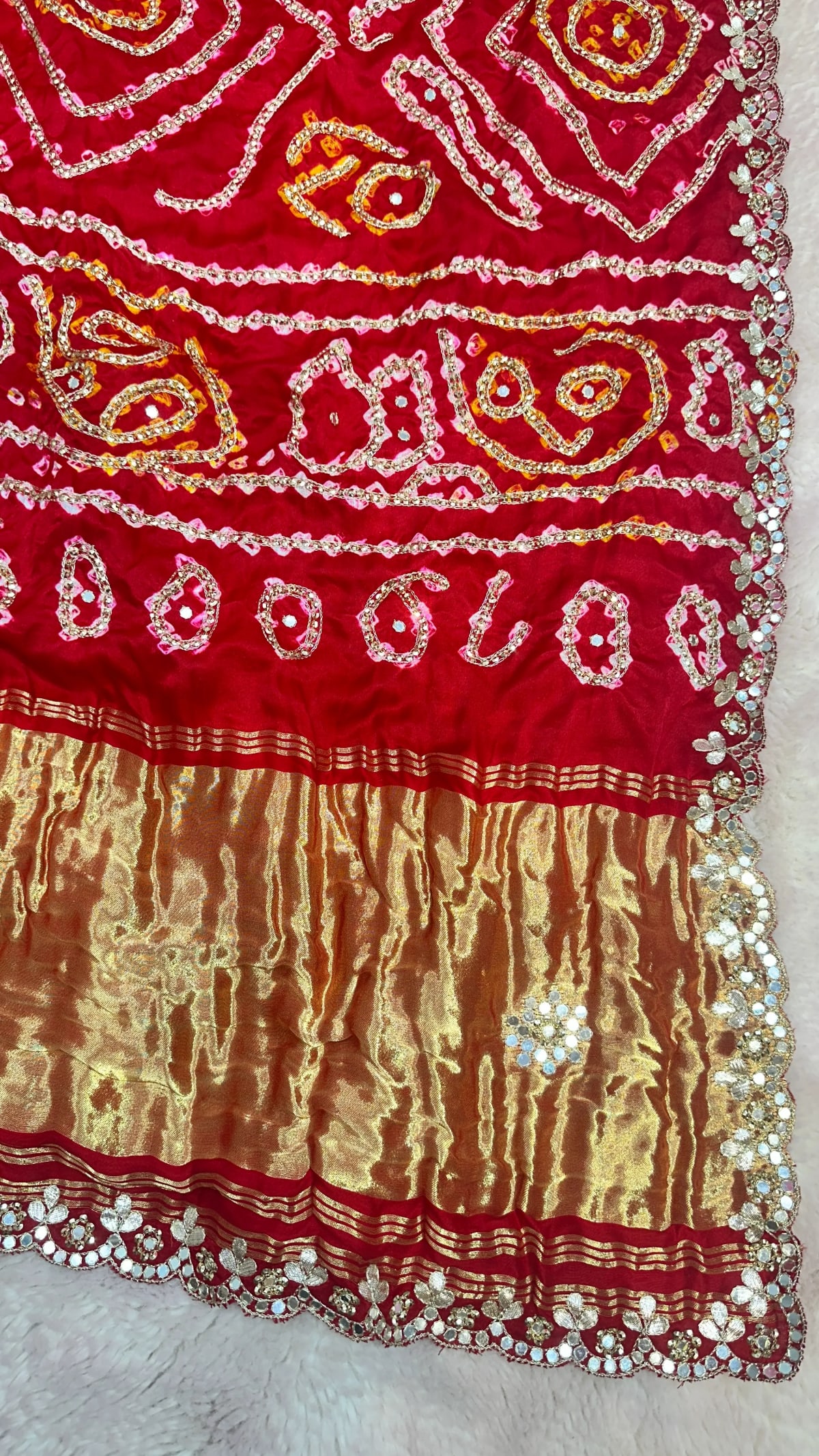 Pure Gaji Silk Saree with Fabiyan Hand Bandhej and Aari Sequence Handwork