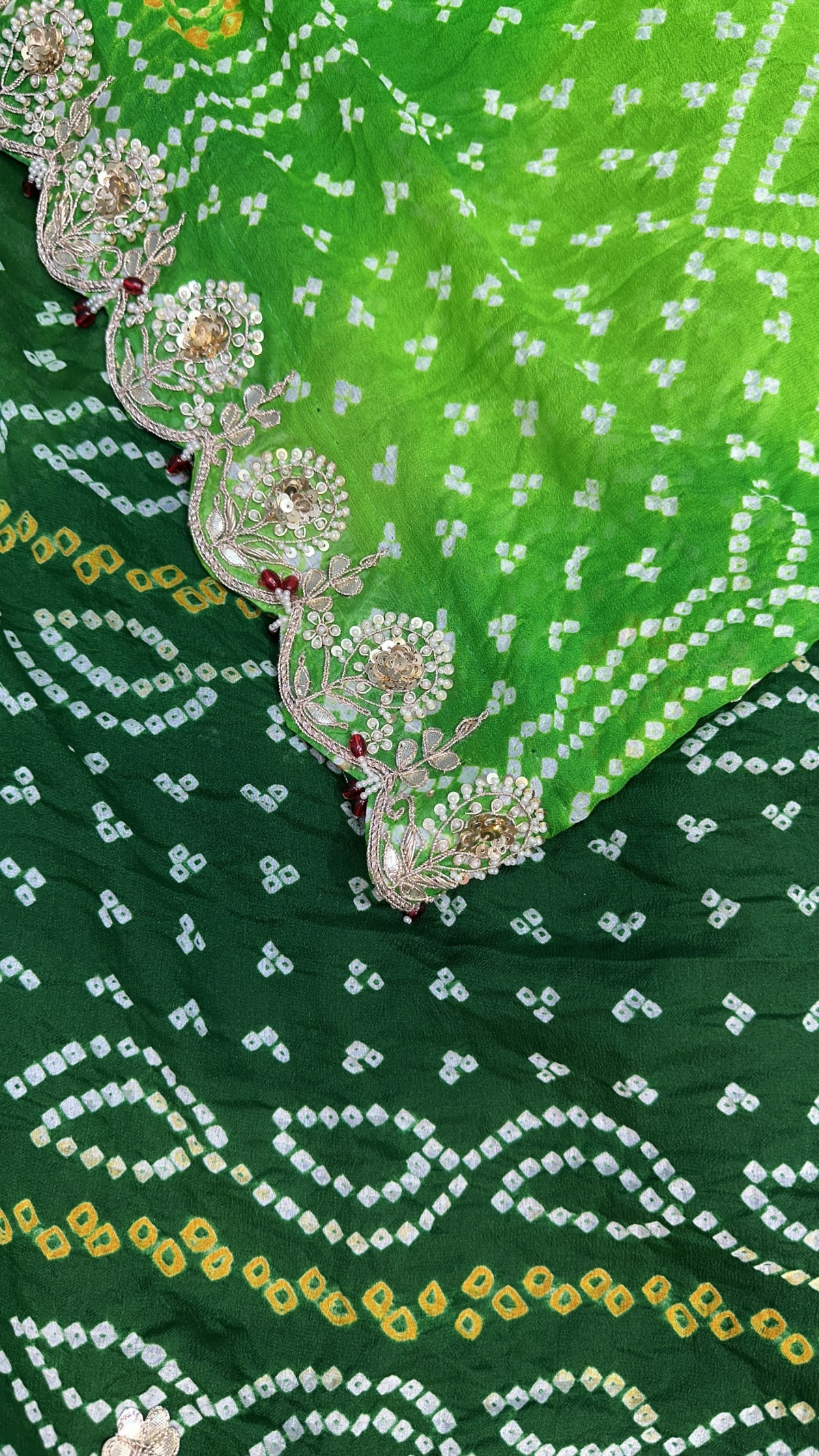 Pure Ojariya Crepe Rai Bandhej Saree with Zero Gota Patti, Moti & Latkan Handwork