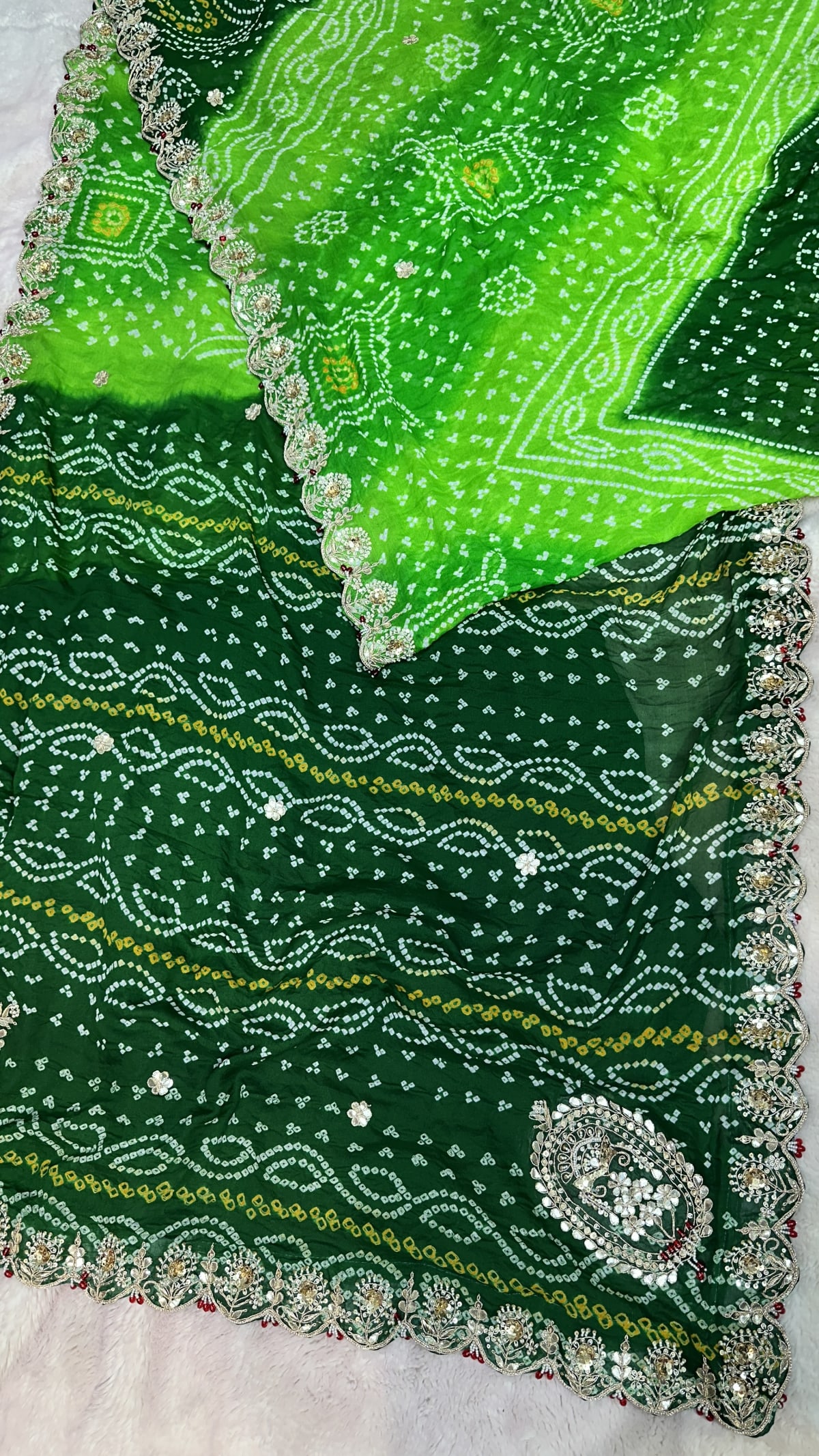 Pure Ojariya Crepe Rai Bandhej Saree with Zero Gota Patti, Moti & Latkan Handwork