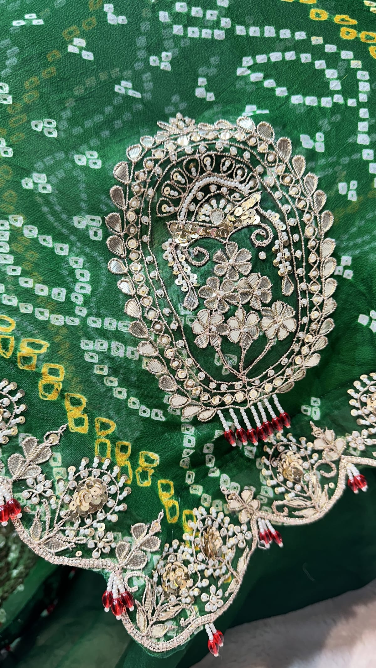 Pure Ojariya Crepe Rai Bandhej Saree with Zero Gota Patti, Moti & Latkan Handwork