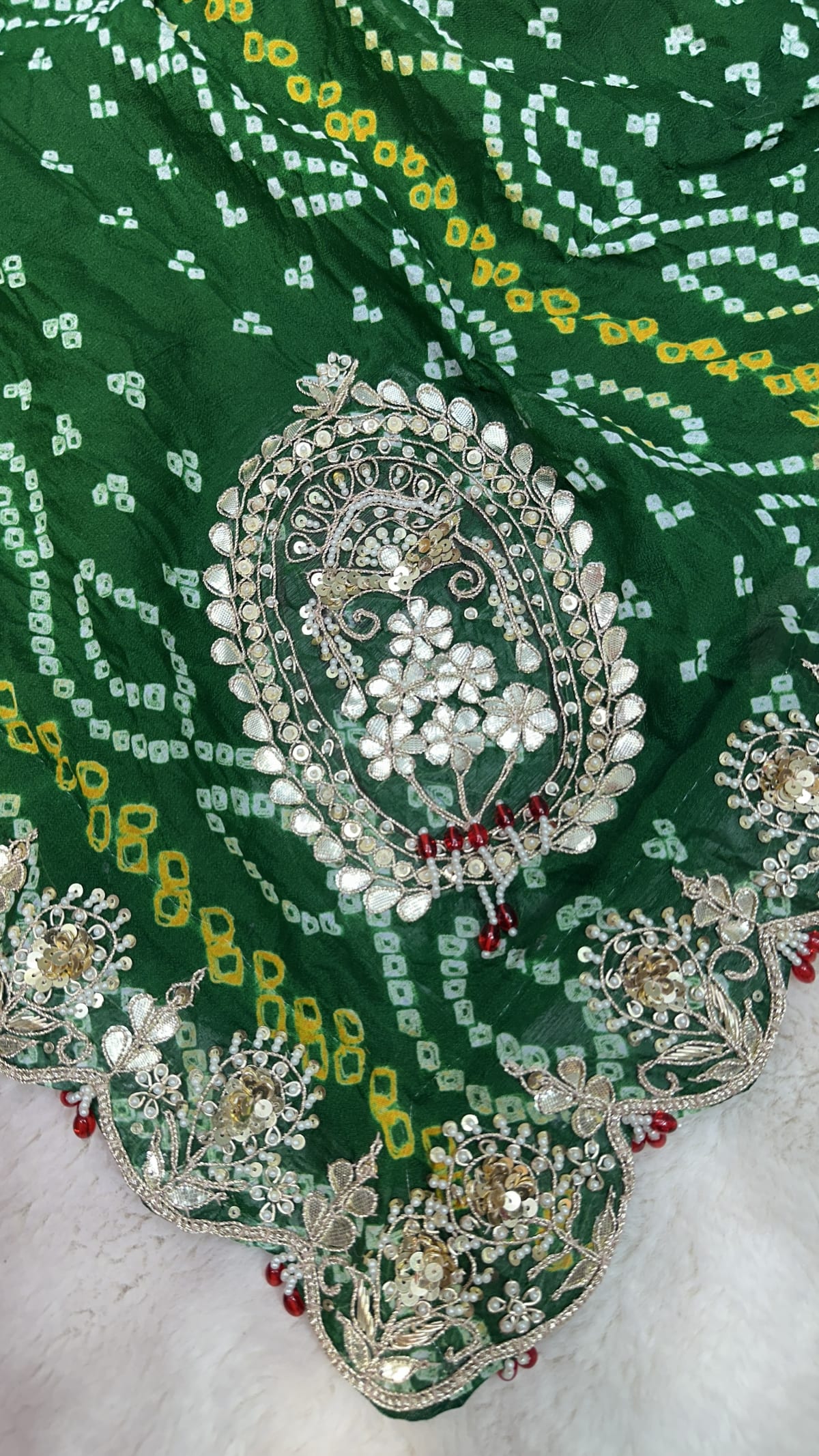 Pure Ojariya Crepe Rai Bandhej Saree with Zero Gota Patti, Moti & Latkan Handwork