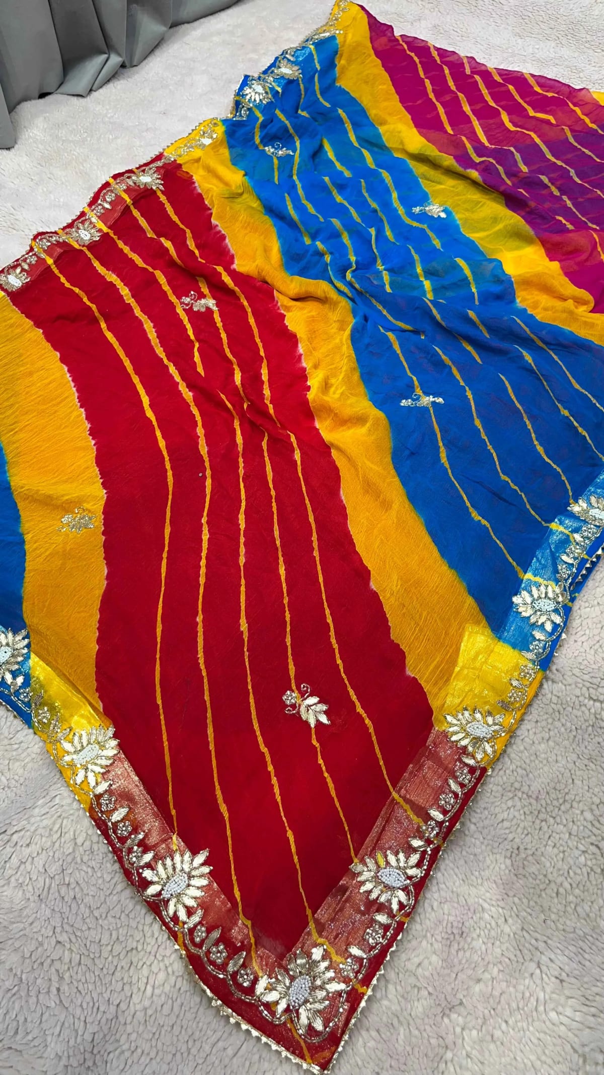 Premium Chiffon Fabric Leheriya Saree Featuring Kundan Zardosi Work