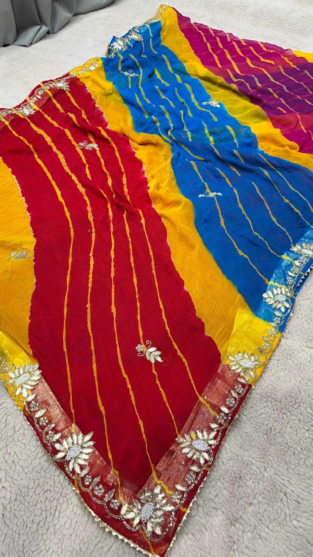 Premium Chiffon Fabric Leheriya Saree Featuring Kundan Zardosi Work