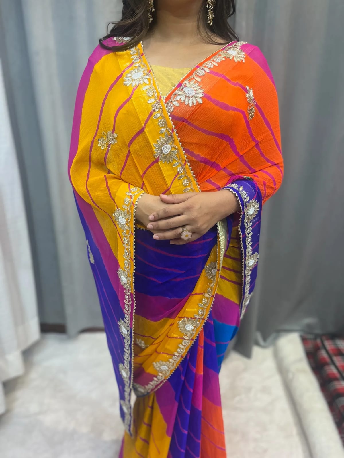 Premium Chiffon Fabric Leheriya Saree Featuring Kundan Zardosi Work