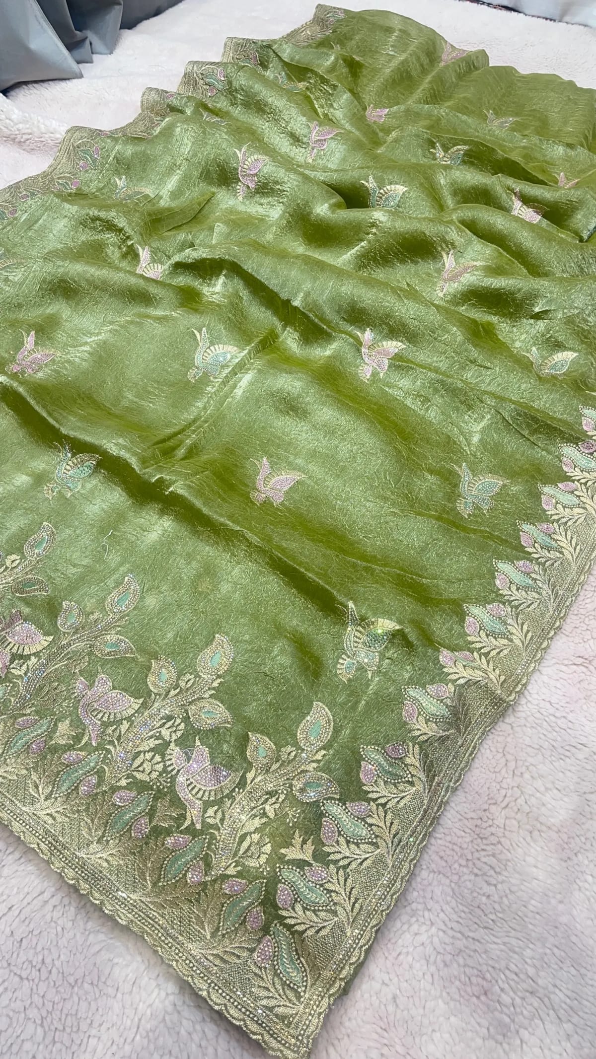 Designer Organza Tissue Fabric Saree with Delicate Zari Floral Embroidery