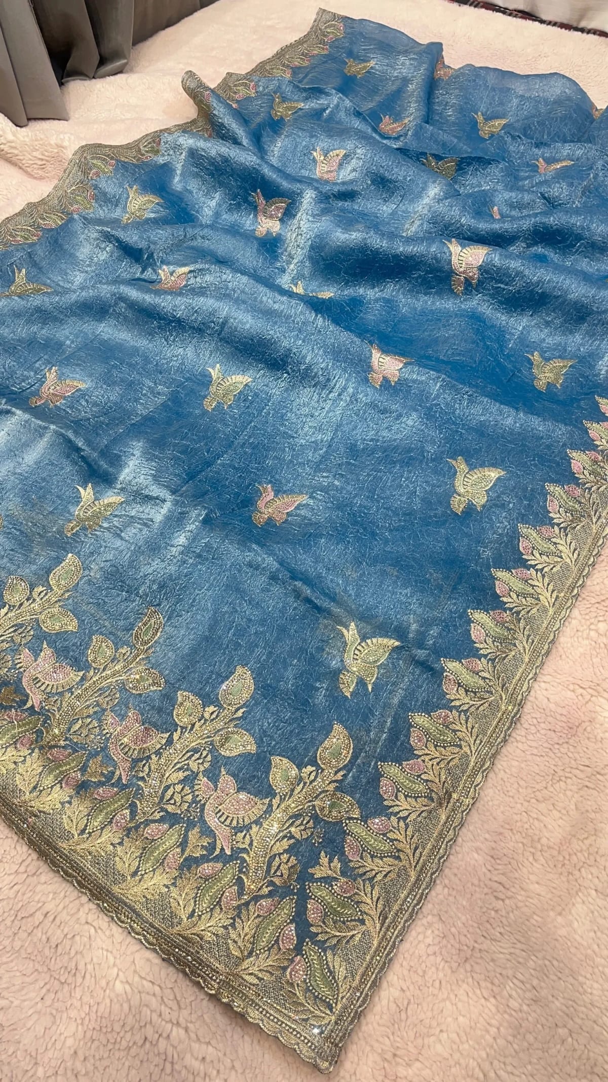 Designer Organza Tissue Fabric Saree with Delicate Zari Floral Embroidery