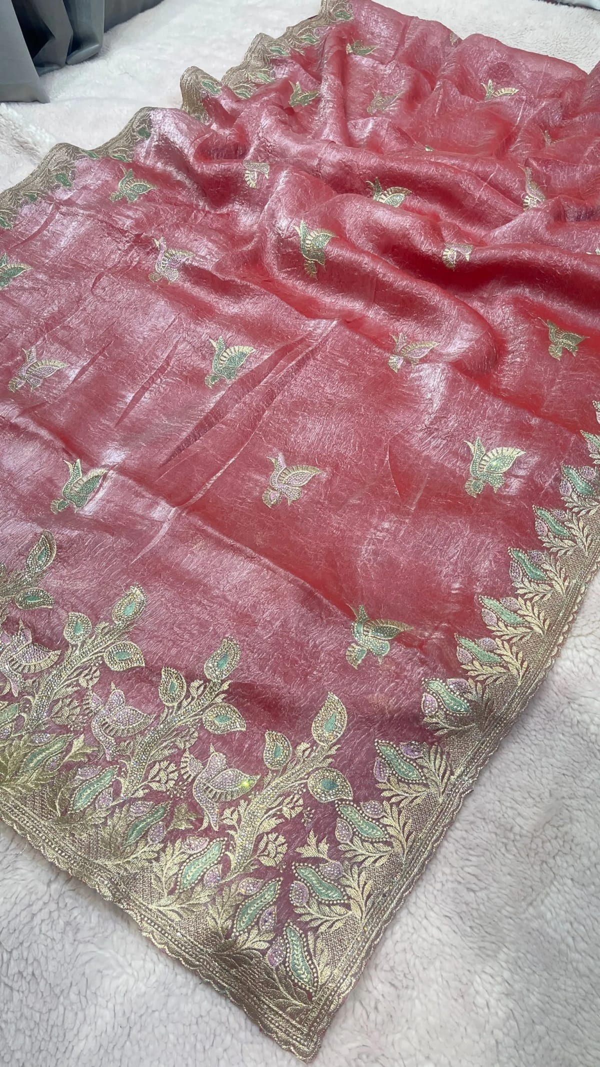 Designer Organza Tissue Fabric Saree with Delicate Zari Floral Embroidery