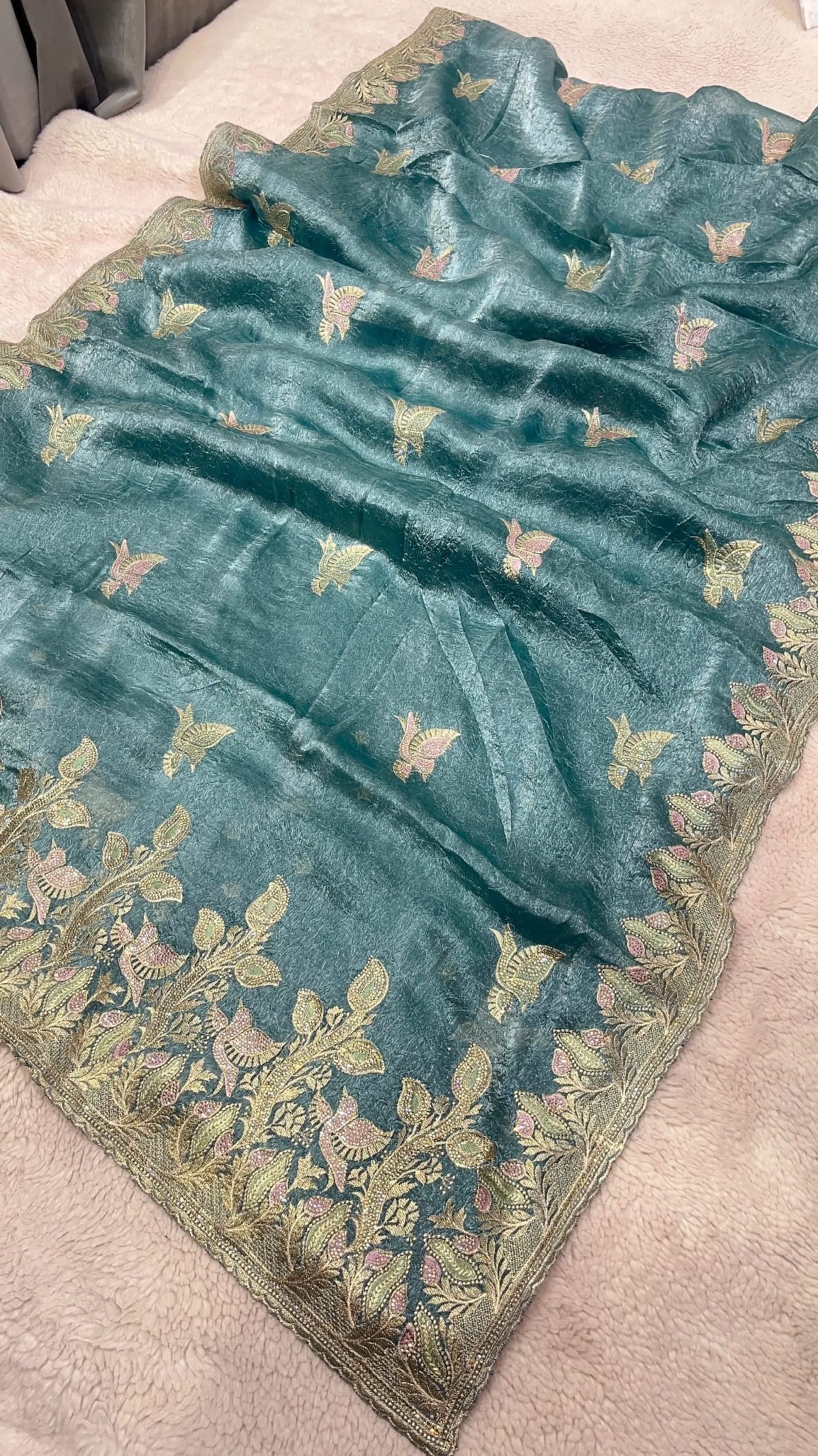 Designer Organza Tissue Fabric Saree with Delicate Zari Floral Embroidery