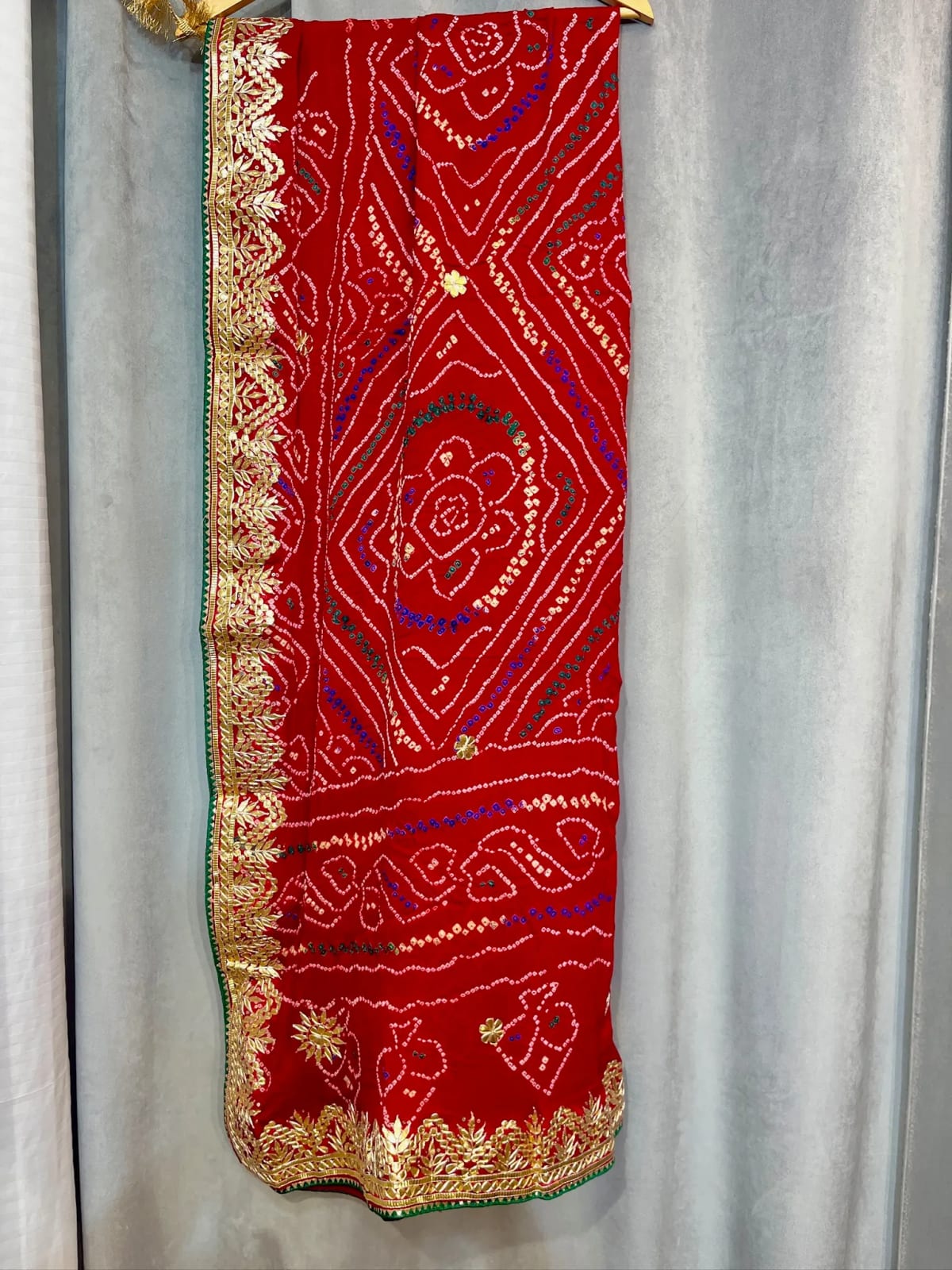 Handcrafted Bandhej Dupatta in Paver Ojariya Crepe Fabric with Authentic Gotta Patti Work