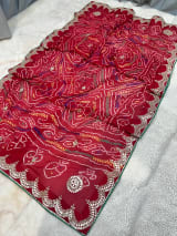 Hand Bandhej Chundri Dupatta with Zardozi Kundan Patti Work in Ojariya Crepe Fabric