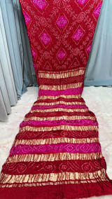 Pure Gaji Silk Plain Saree with Hand Bandhej and 10 Lakdi Patta Designs