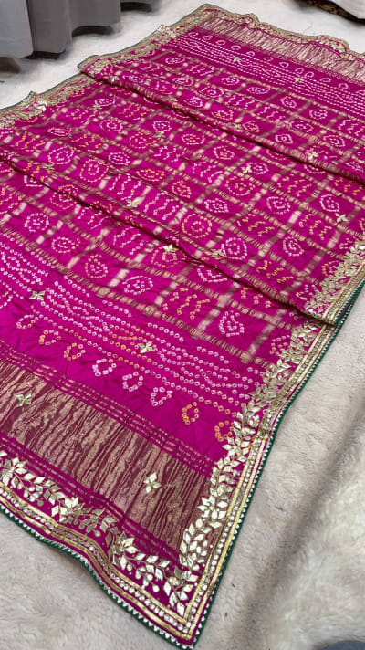 Modal Silk Fabric Dupatta with Lakdi Patta, Hand Bandhej & Exquisite Kacha Gotta Work