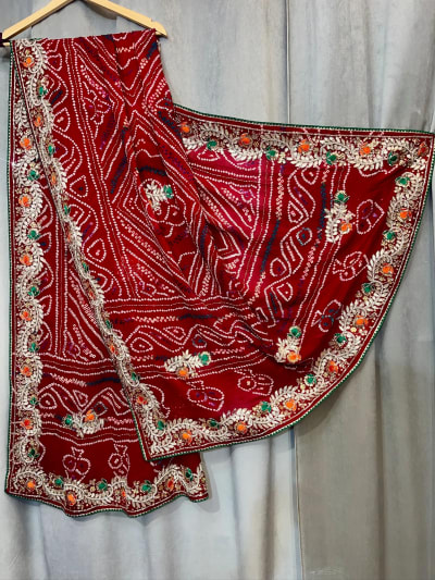 Luxury Bandhej Dupatta Paver Ojariya Crepe Fabric with Handmade Kundan & Gotta Patti