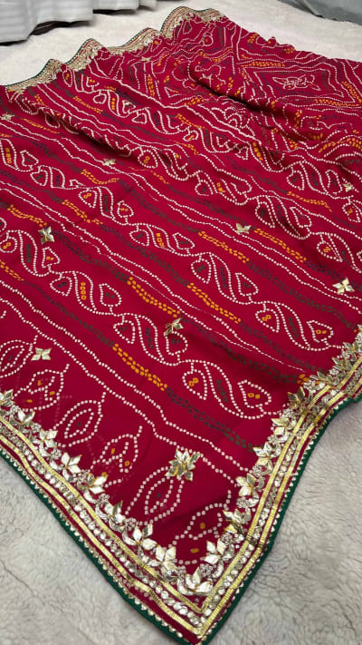 Vibrant Chundri Bandhej Saree in Pure Viscose Georgette Fabric with Traditional Gotta Patti Work