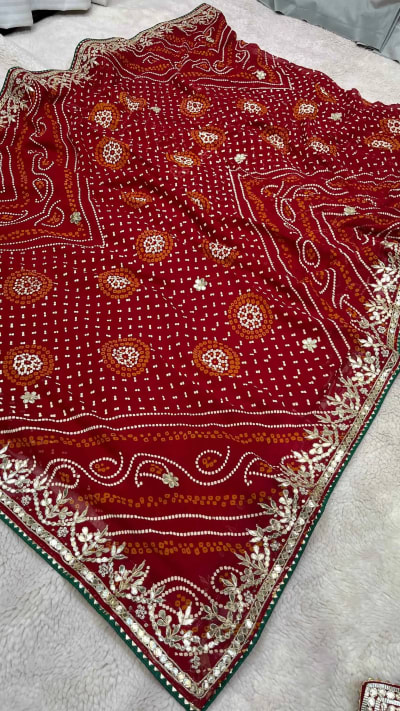 Designer Chundri Bandhej Saree with Gotta Patti Work on Premium Viscose Georgette Fabric