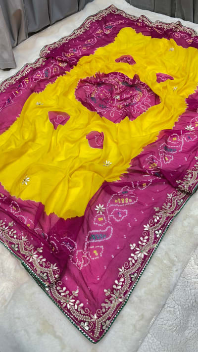Premium Pila Pomcha Odna in Pure Ojariya Crepe Fabric with Handcrafted Zardozi Kundan Patti Embroidery