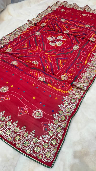 Hand Bandhej Chundri Dupatta in Pure Ojariya Crepe Fabric with Zardozi, Kundan & Moti Work