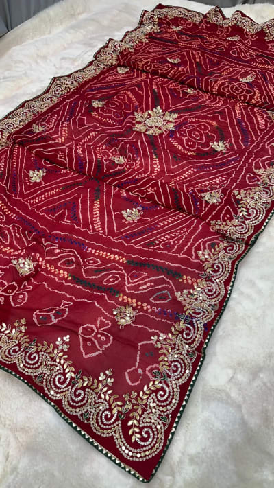 Pure Ojariya Crepe Fabric Chundri Dupatta with Hand Bandhej, Zardozi & Kundan Moti Embellishments
