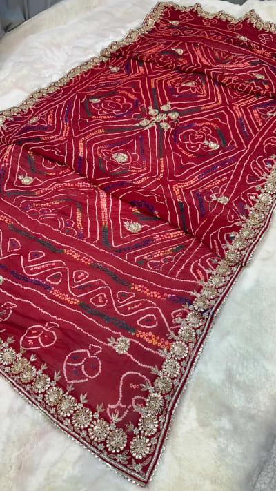 Designer Hand Bandhej Chundri Dupatta in Pure Ojariya Crepe Fabric with Zardozi, Kundan & Moti Detailing