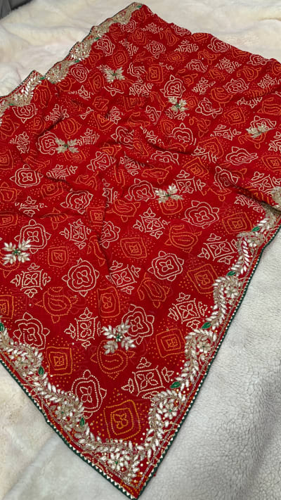 Fancy Chundri Bandhej Georgette Fabric Saree with Zardozi Kundan Patti Work – Designer Festive & Wedding Wear Saree