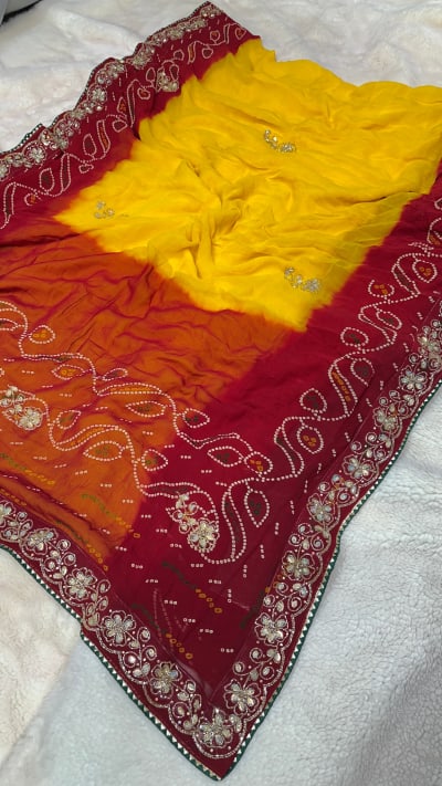 Lemon Pilla Designer Saree in Pure Viscose Georgette Fabric with Kundan Patti & Moti Work – Festive Party Wear Saree