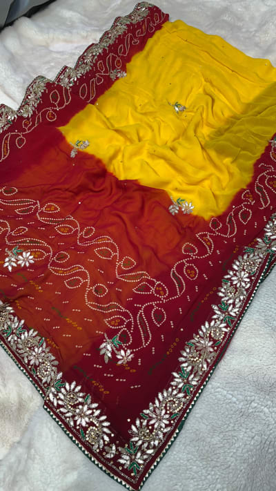 Lemon Pilla Designer Saree in Pure Viscose Georgette Fabric with Kundan Patti & Moti Work – Trending Festive & Wedding Wear Saree
