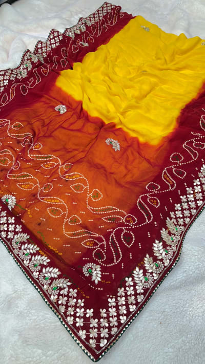 Lemon Pilla Designer Saree in Pure Viscose Georgette Fabric with Kundan Patti Moti Work – Trending Festive & Wedding Wear Saree